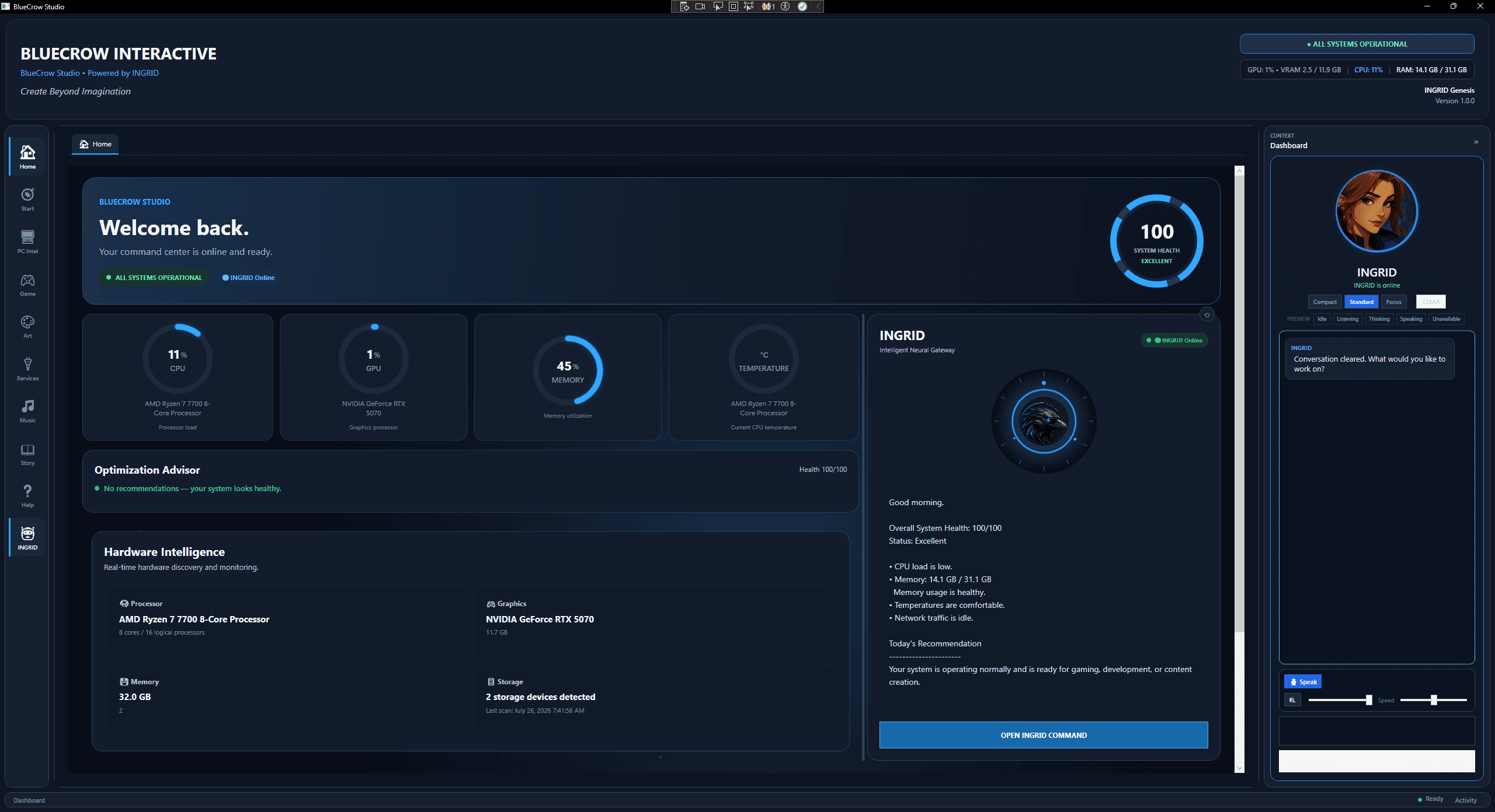Screenshot of the BlueCrow Studio Command Center: a circular system health score, hardware telemetry cards for CPU, GPU, memory, and storage, the Optimization Advisor's recommendation list, and the INGRID panel showing her reactor emblem alongside a chat greeting.