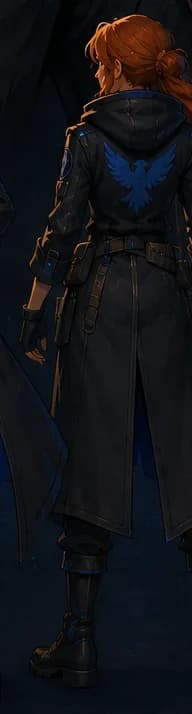 INGRID, back view showing the raven on her coat