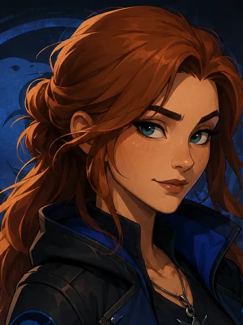 INGRID, BlueCrow Studio’s built-in assistant — auburn-haired, teal-eyed, in a dark midnight-blue coat